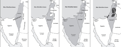 El primer mapa, de 1917, muestra a Palestina (bajo el mandato britnico). En el segundo, de 1948, aparece el nuevo Estado de Israel instalado en ese territorio. En el tercer mapa se ve la expansin lograda con la guerra de 1967. El mapa actual muestra en negro las zonas de Gaza y Cisjordania. Hoy los integrantes del gobierno de esos territorios, elegidos  democrticamente en enero de 2006, estn presos en Israel.