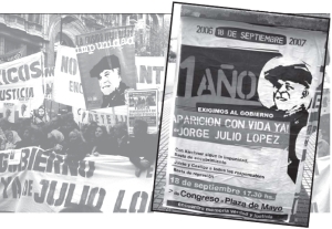 Afiche callejero de Memoria Verdad y Justicia convocando a la marcha a Plaza de Mayo. Al fondo, vista de la cabecera de la misma