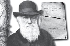 Charles Darwin (1809-1882) y un fascimil de su libro de 1859.