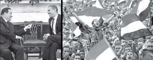 Izq.: Obama con el dictador Mubarak. Der.: Festejos del pueblo egipcio al conocerse su cada