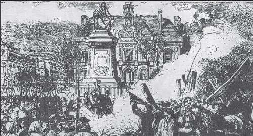 Los insurrectos quemando la guillotina en la plaza Voltaire (Ilustred London News)