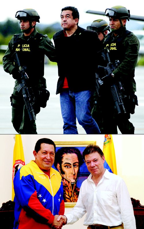 Arriba: Prez Becerra detenido por la polica chavista. Abajo: Chvez y el derechista presidente de Colombia Juan Manuel Santos