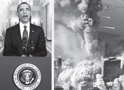 Izq.: Obama anunciando el asesinato del lider de Al Qaeda. Der.: Nuestra corriente repudi el ataque a las Torres Gemelas
