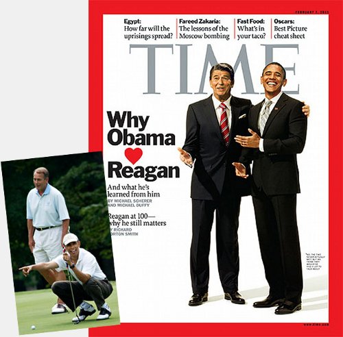 Portada de la revista norteamericana Time. Ronald Reagan (ex presidente de Estados Unidos del partido repubilicano) y Barack Obama. Abajo: Jhon Boehner, dirigente del partido republicano, jugando al golf con Obama