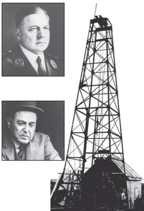 Primer pozo petrolero en Comodoro Rivadavia. Arriba: General Ingeniero Enrique Mosconi. Abajo: Presidente Hiplito Yrigoyen
