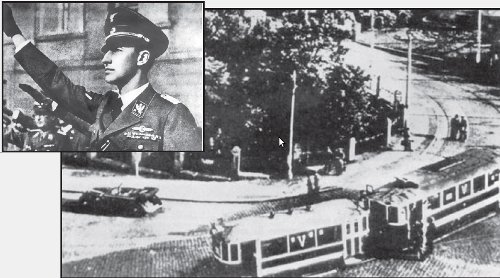 El auto de Heydrich, despus del atentado, se ve a la izquierda. La operacin Antropoide fue ejecutada por los combatientes Gabchik y Kubis, en la curva de la calle Rude Avmady de Praga, frente a una parada de tranvas. Arriba: Reinhard Heydrich muri ocho das despus del atentado.
