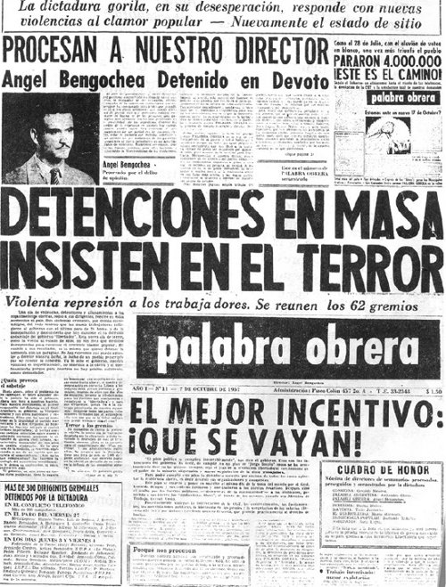 En octubre de 1957, desde la tapa, Palabra Obrera N 11 denunciaba la represin ante el primer paro general convocado por las 62. Arriba a la derecha, facsimil del N 10 secuestrado por la dictadura.