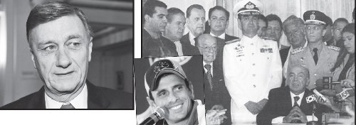 Izquierda: Hermes Binner. Centro: Henrique Capriles fue parte activa de los golpistas. Derecha: Carmona (Presidente de Fedecamaras) junto a los golpistas. Abril de 2002