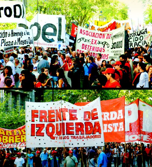 Arriba: Cabecera comn del Encuentro Memoria, Verdad y Justicia. Abajo: Columna del Frente de Izquierda, Plaza de Mayo.