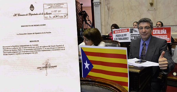El Diputado Nacional de Izquierda Socialista en el Frente de Izquierda, Juan Carlos Giordano, presentó hoy un proyecto en la cámara de diputados de la nación para que Argentina reconozca a la nueva República Independiente de Cataluña.
