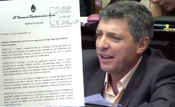 El Diputado Nacional de Izquierda Socialista en el Frente de Izquierda, Juan Carlos Giordano, presentó hoy un proyecto de ley para anular el escandaloso acuerdo por la deuda del Correo Argentino y embargar y rematar los bienes de las empresas del Grupo Macri.