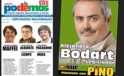 Boleta de las PASO donde el MST fue con la burócrata Marta Maffei. A la derecha afiche de campaña mostrando a Bodart en su alianza con “Pino” Solanas y Proyecto Sur