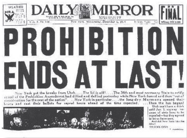 Portada del diario norteamericano Daily Morror anunciando el fin de la prohibición