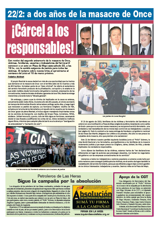 Contratapa de la edición Nº 262 de nuestro periódico "El Socialista"