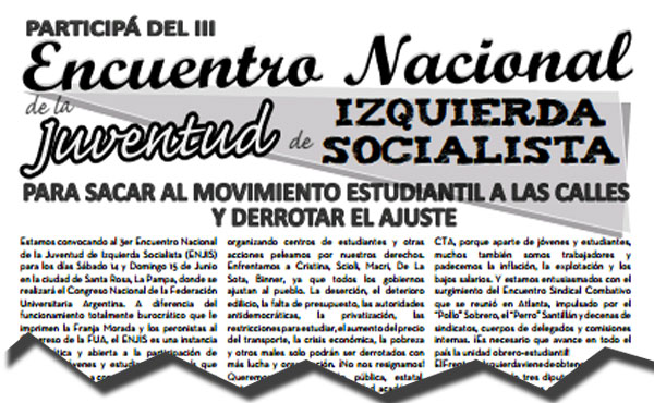Suplemento de invitación al ENJIS en La Pampa. Será repartido por miles por nuestra juventud en todas las casas de estudio del país