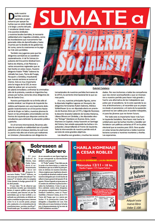 Contratapa de la edición Nº280 de nuestro periódico El Socialista