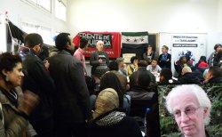 Salameh Kayleh hablando en el taller en apoyo a la revolución siria organizado por la UIT-CI . Allí Kayhleh propuso la necesidad de realizar un encuentro internacional en respaldo a esa reolvución