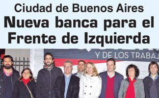 Marcelo Ramal (PO), a la derecha de Laura Marrone, fue electo legislador. En la foto, desde la izquierda: Nicolás Nuñez (Izquierda Socialista-IS), Carina López Monja (Pueblo en Marcha), Nicolas del Corro (PTS), José Castillo (IS), Myriam Bregman (PTS), Ramal, Laura Marrone (IS) y Gabriel Solano (PO)