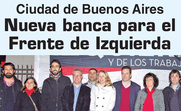 Marcelo Ramal (PO), a la derecha de Laura Marrone, fue electo legislador. En la foto, desde la izquierda: Nicolás Nuñez (Izquierda Socialista-IS), Carina López Monja (Pueblo en Marcha), Nicolas del Corro (PTS), José Castillo (IS), Myriam Bregman (PTS), Ramal, Laura Marrone (IS) y Gabriel Solano (PO)