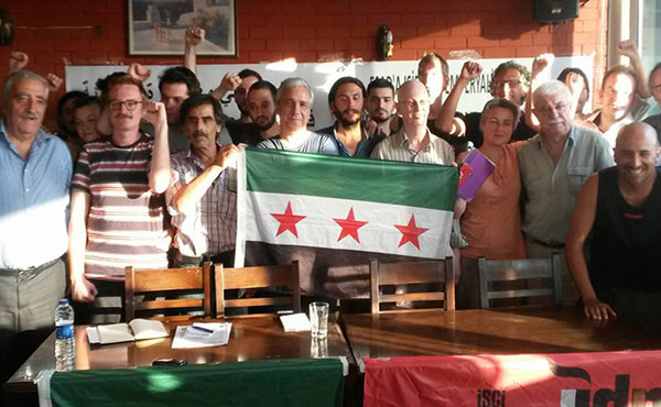 De izquierda a derecha: Manzour (Siria), Sedat (IDP-Turquía), Nassar (Líbano),  Yassin Al Haj Saleh (Siria), Gorkum Duru (IDP-Turquía), S. Kaileh (Siria), Cristina Mas (LI-España), Sorans (UIT-CI) y Guzaman (GSI-Francia) 