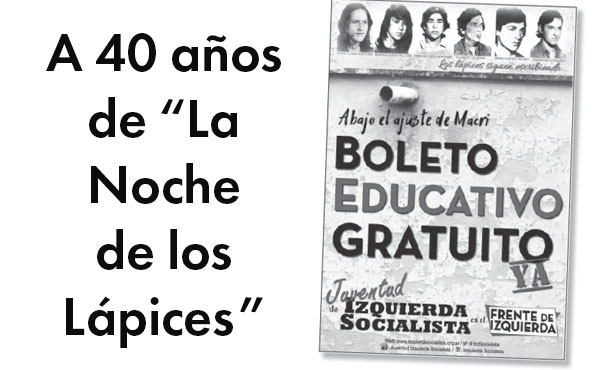 Afiche de la juventud de nuestro partido llamando a luchar por el boleto estudiantil con las fotos de los mártires de La Noche de los Lápices