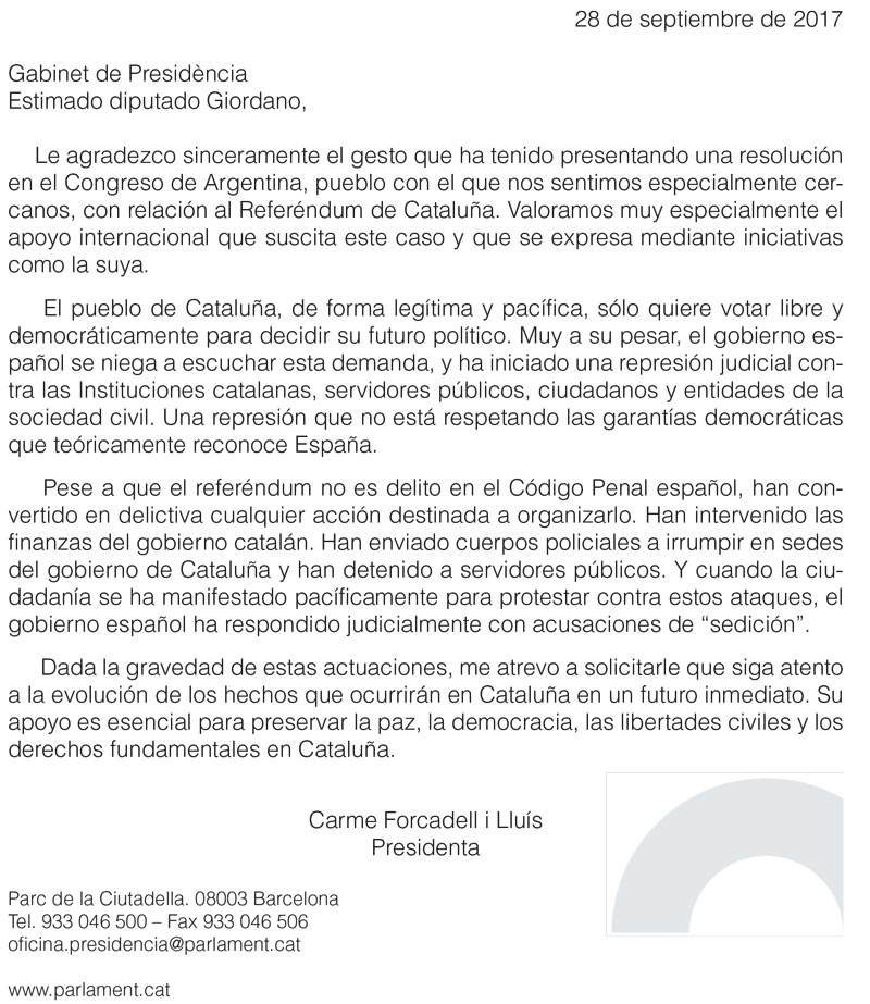 cARTA DE LA GENERALITA A GIORDANO oct 2017