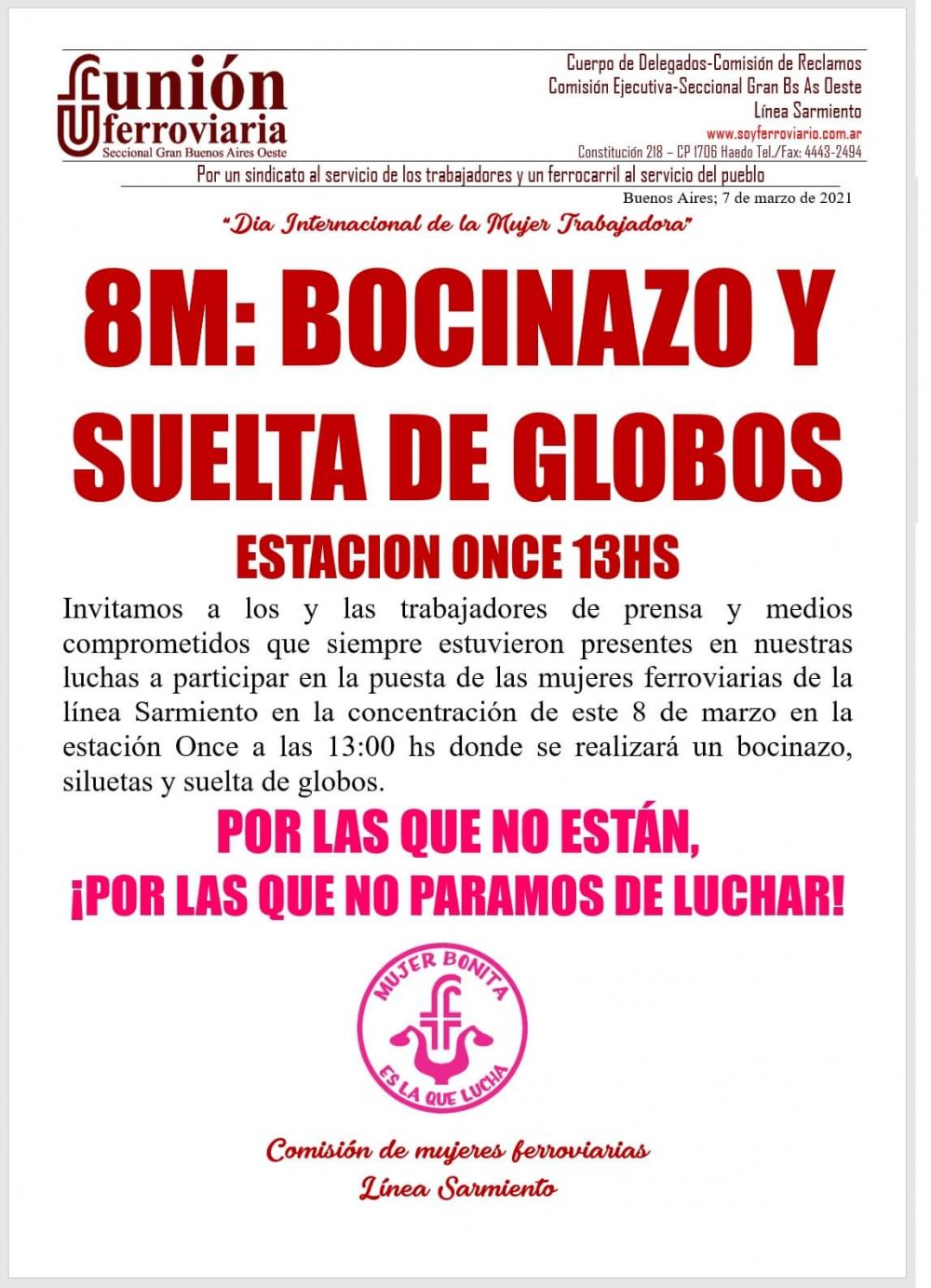 8M – 13 HS Ferroviarias del Sarmiento – Bocinazo de trenes, siluetas y suelta de globos