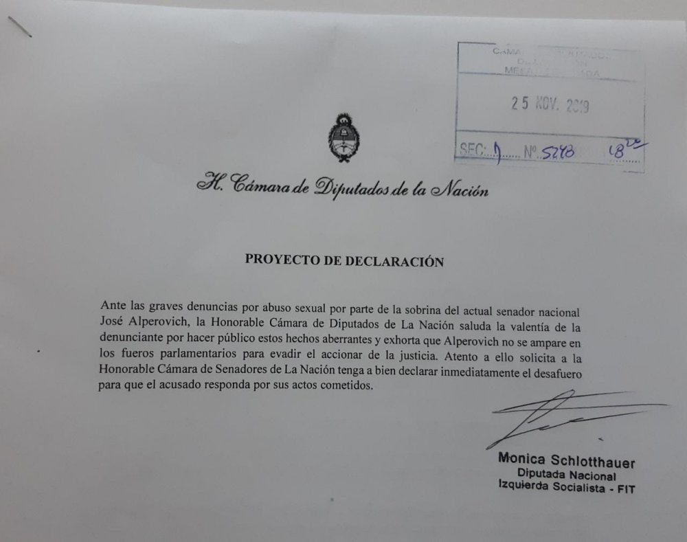 Diputada Schlotthauer reclama el desafuero de Alperovich