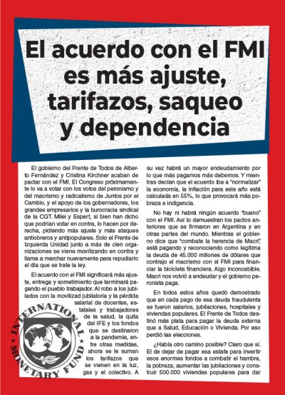 El acuerdo con el FMI es más ajuste, tarifazos, saqueo y dependencia