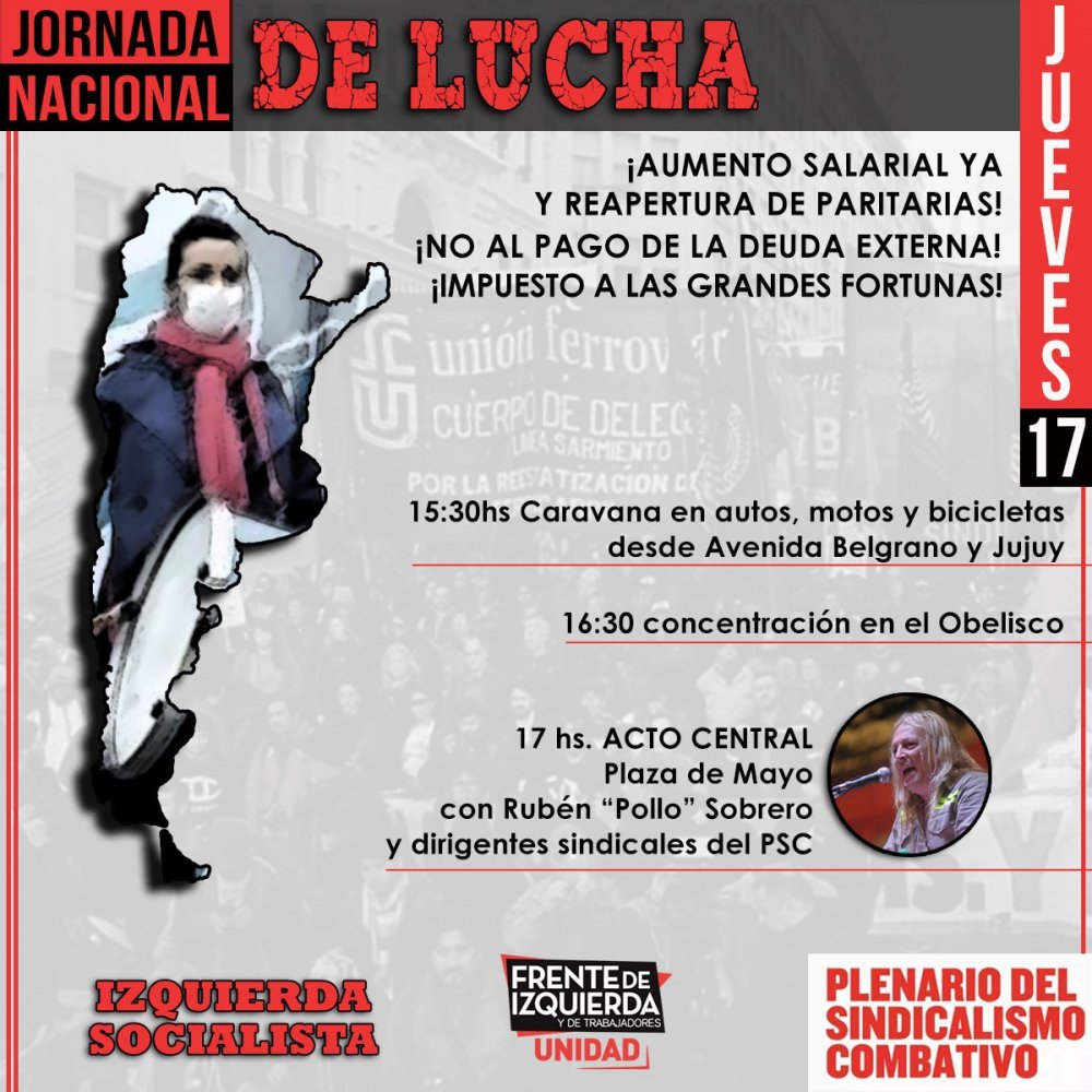 Jornada nacional de lucha  Jueves 17S: Caravana y acto en Plaza de Mayo a las 17