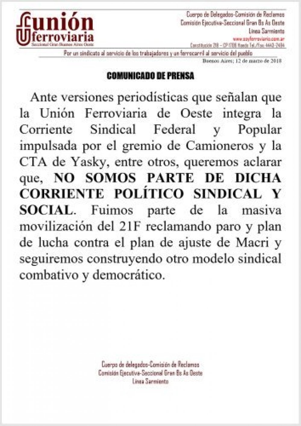 Comunicado de Prensa del cuerpo de Delegados de la línea Sarmiento