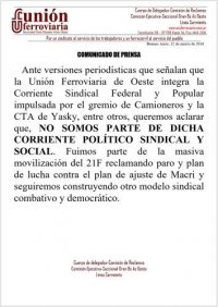 Comunicado de Prensa del cuerpo de Delegados de la línea Sarmiento