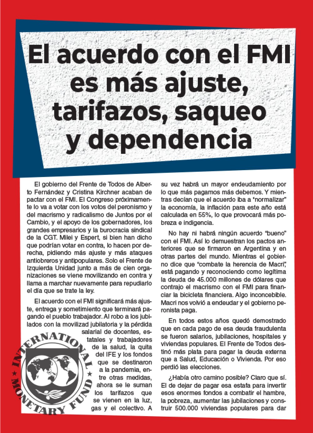 El acuerdo con el FMI es más ajuste, tarifazos, saqueo y dependencia