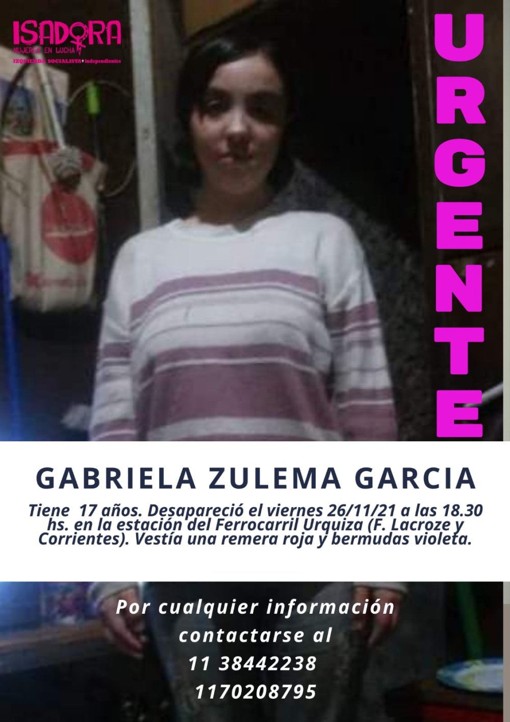 Buscamos a Gabriela Zulema García, desaparecida el viernes 26/11/21 en la zona de Chacarita