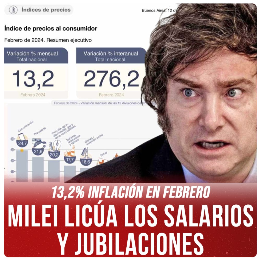 13,2% inflación en febrero / Milei licúa los salarios y jubilaciones