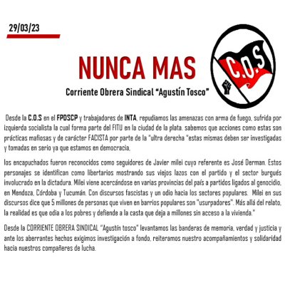 Nunca Más - Corriente Obrera Sindical "Agustín Tosco" repudia ataque