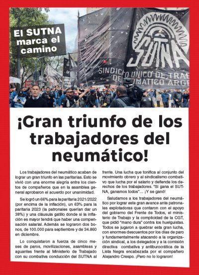 El SUTNA marca el camino / ¡Gran triunfo de los trabajadores del neumático!