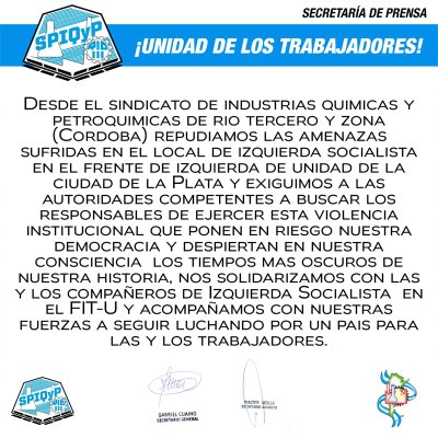 Repudio del Sindicato de Industrias Químicas y Petroquímicas de Río Tercero y zona (Córdoba)
