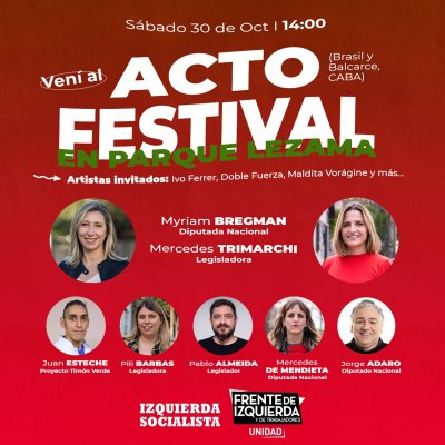 Sábado 30 de octubre- Acto de Izquierda Socialista en el FIT Unidad en Parque Lezama