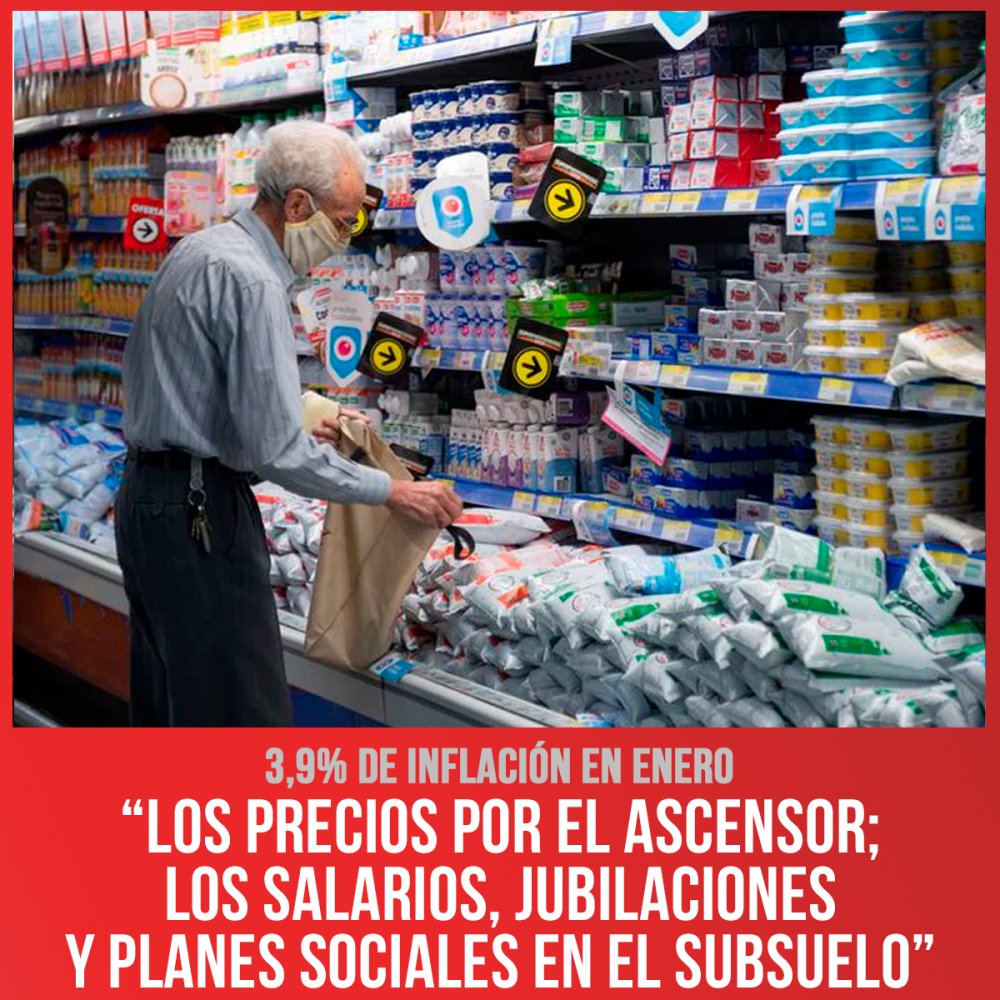 3,9% de inflación en enero / “Los precios por el ascensor; los salarios, jubilaciones y planes sociales en el subsuelo”