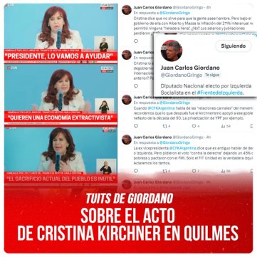 Tuits de Giordano / Sobre el acto de Cristina Kirchner en Quilmes