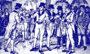 French y Beruti, principales activistas de la Legin Infernal, repartiendo cintas identificatorias de la causa revolucionaria