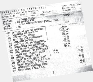 Recibo de sueldo de un docente santacruceo