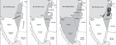 El primer mapa, de 1917, muestra a Palestina (bajo el �mandato brit�nico�). En el segundo, de 1948, aparece el nuevo �Estado de Israel� instalado en ese territorio. En el tercer mapa se ve la expansi�n lograda con la guerra de 1967. El mapa actual muestra en negro las zonas de Gaza y Cisjordania. Hoy los integrantes del gobierno de esos territorios, elegidos  democr�ticamente en enero de 2006, est�n presos en Israel.