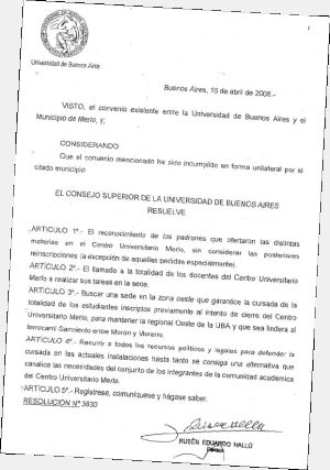 Fascimil de la resolucin de la UBA con la firma del rector Hall