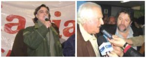 Eduardo Macaluse haciendo uso de la palabra en el acto (izq.). Pino Solanas y Claudio Lozano entrevistados por los medios (der.).