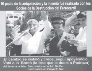 Volante y autoadhesivos aportados por el Movimiento Nacional Ferroviario (Mo.Na.Fe) y Ferroviarios en Proyecto Sur en apoyo a la lista Bord para las prximas elecciones ferroviarias.