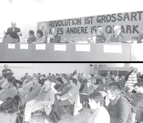 Arriba: Acto de apertura. Charles Udry (izq.) haciendo uso de la palabra. En el panel, nuestra compa�era Ang�lica Lagunas. Abajo: Vista del taller donde el dirigente petrolero Jos� Bodas fue uno de sus expositores