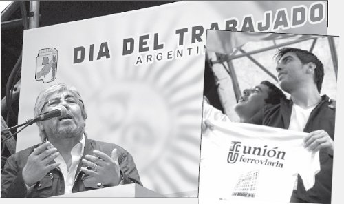 Hugo Moyano llam� a votar por Cristina. Der.: Facundo Moyano (Juventud Sindical Peronista) mostrando en el acto una remera de la Uni�n Ferroviaria de Pedraza