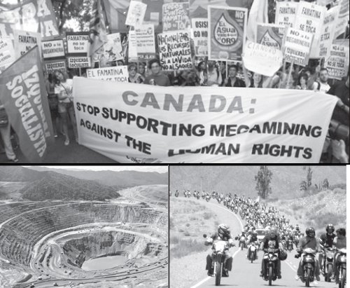 Arriba: Marcha solidaria en Buenos Aires frente a la embajada de Canad. Izquierda Socialista y el FIT se hicieron presentes. Abajo izq.: As quedan nuestros cerros y montaas. Abajo der.: Caravana de motos en apoyo a Famatina, La Rioja